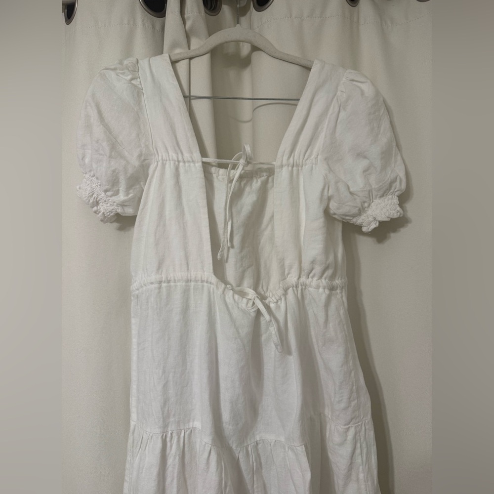 AERE Double Tie Back Short Sleeve Tier 100% Linen White Midi Dress Size 8 - Picture 8 of 11